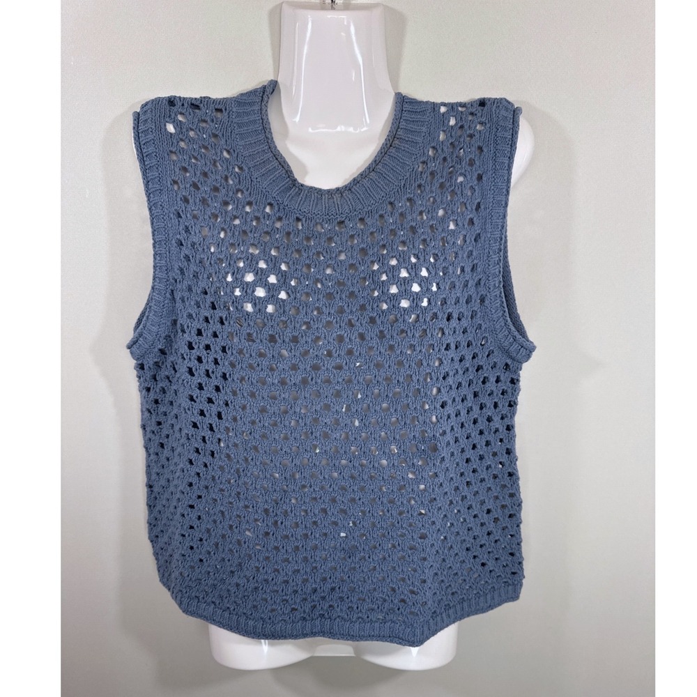 Madewell Do Well Blue Crochet Sweater Vest XL Cotton Open‎ Knit Sleeveless NL192